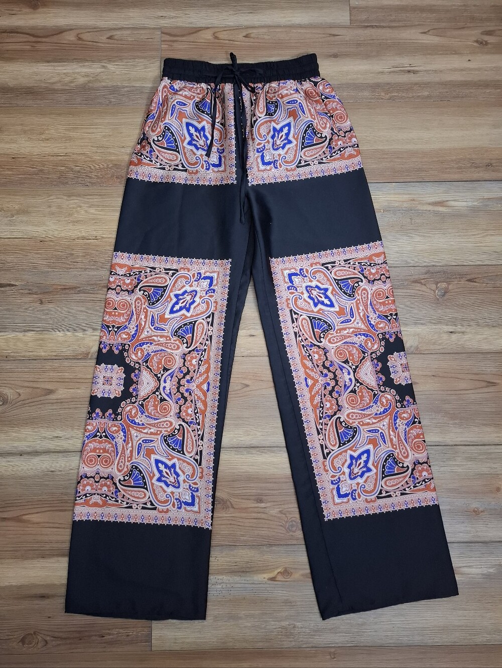 ZARA Boho Scarf Paisley Print Wide Leg Drawstring Satin Trousers Black S